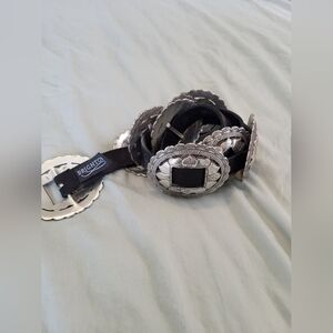 Vintage Brighton Sunflower Concho Black Leather Belt With Silver Flowers Cowgirl